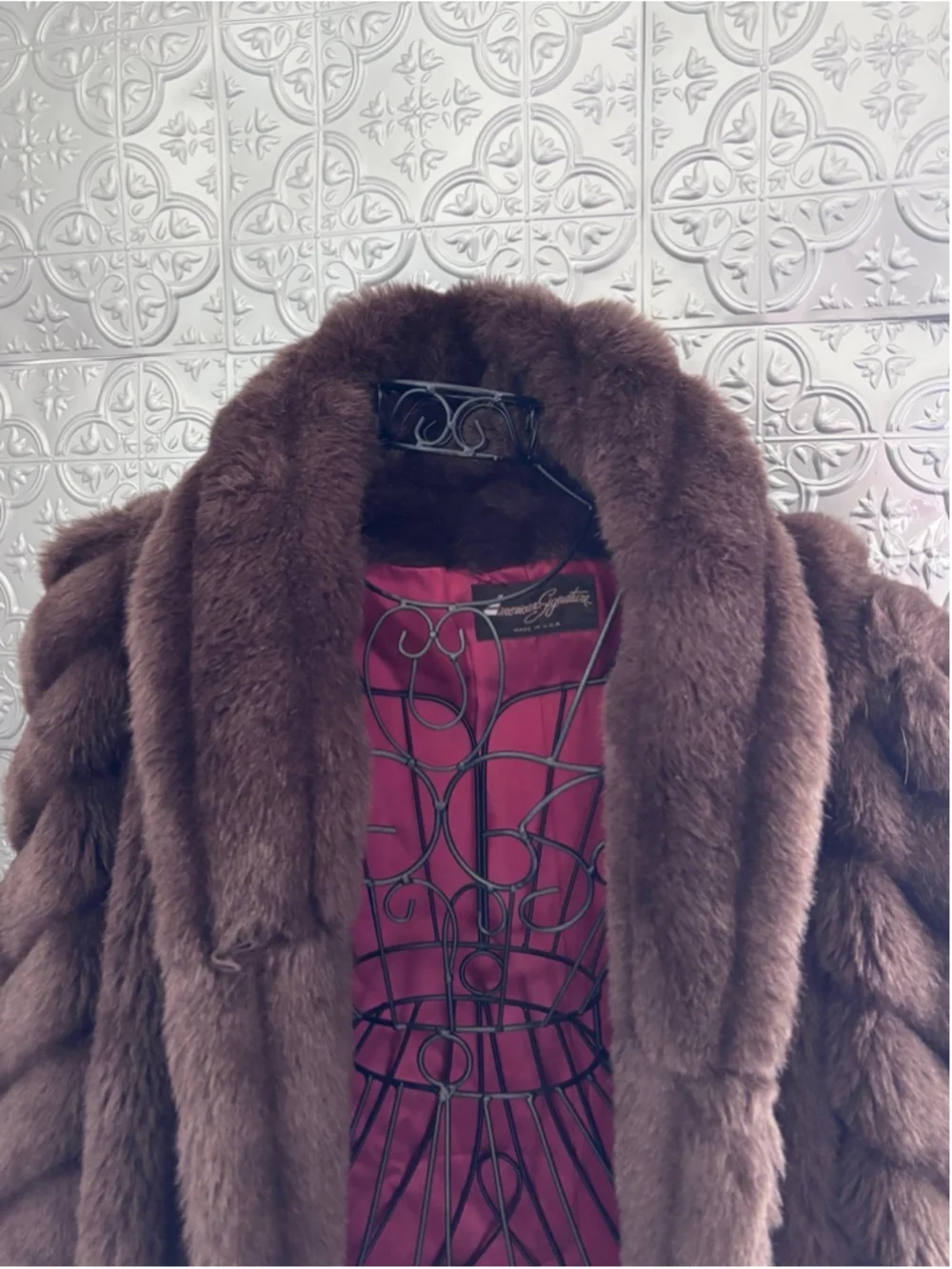 Vintage American Signature Brown Faux Fur Full Coat Jacket Mob Wife size medium